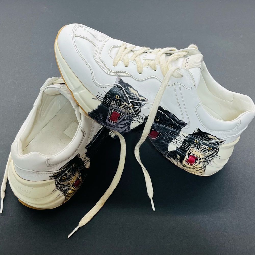 Gucci Rhyton Great White Tiger Leather Animal Print Logo Men's Sneakers Size 8